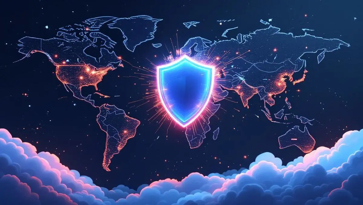 Global cyber defense cloud shield over world map hubs secure