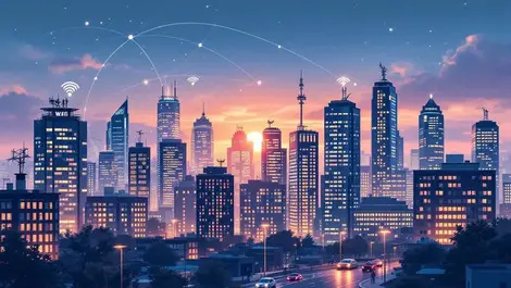 Smart city skyline dusk iot buildings vehicles network lights