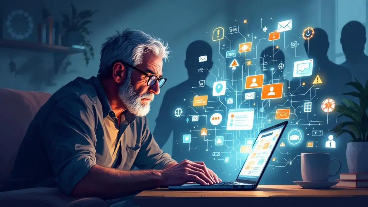 Worried british man with fraud alerts shadowy scammers uk