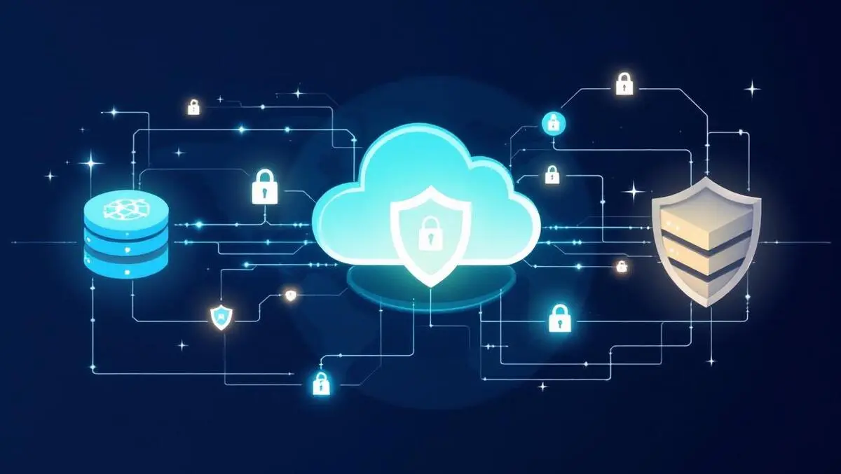 Secure cloud onprem data flow shields locks blue teal flat design