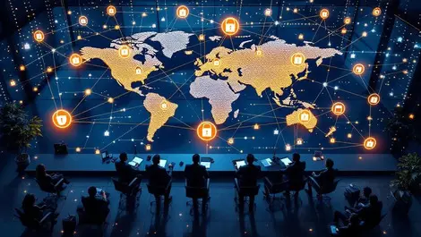 Corporate boardroom dusk cyber supply chain security locks chains