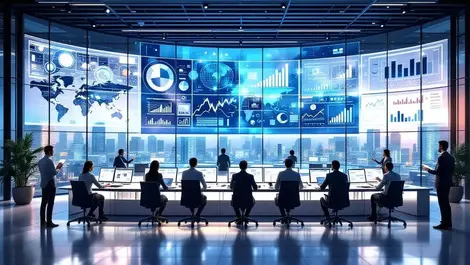 Modern glass office command center data governance analytics