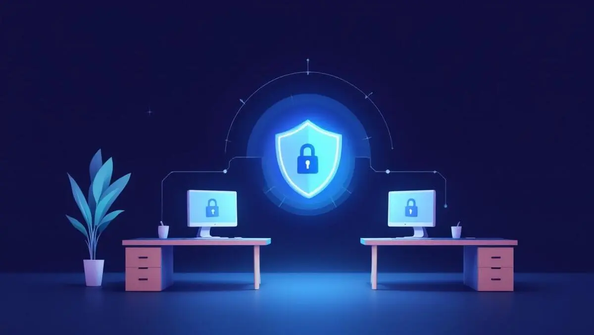 Small office cybersecurity cloud shield network minimalist illustration