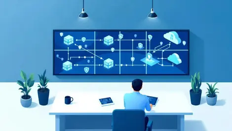 Isometric enterprise control room hybrid network security screens