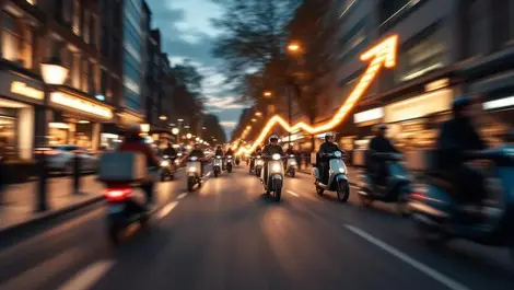 Busy uk city street dusk food delivery scooters bikes growth