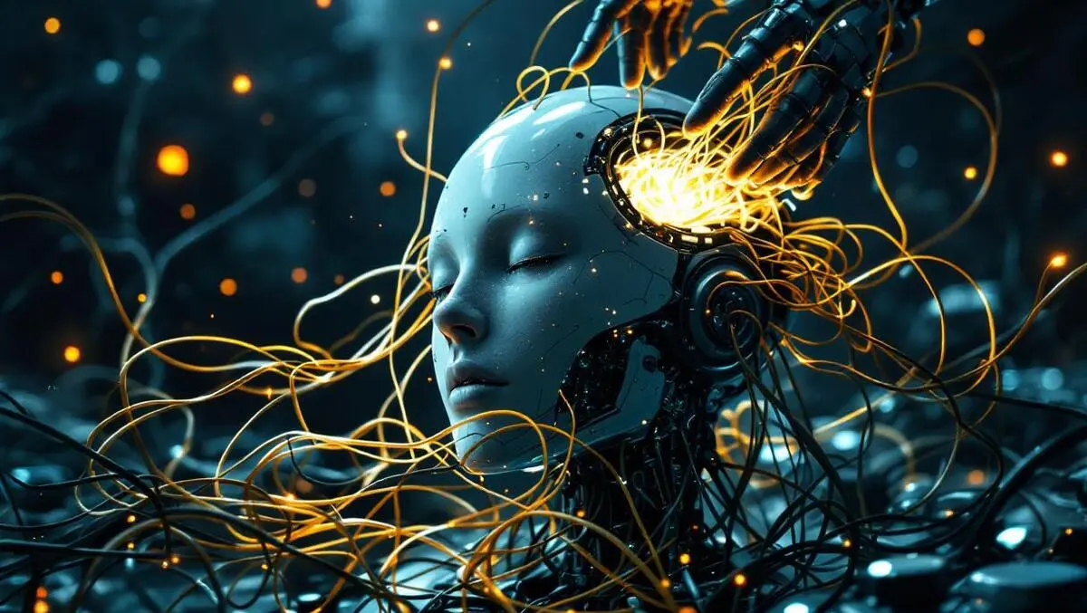 Moody robot head hacked by hands glowing cables dark tech lab