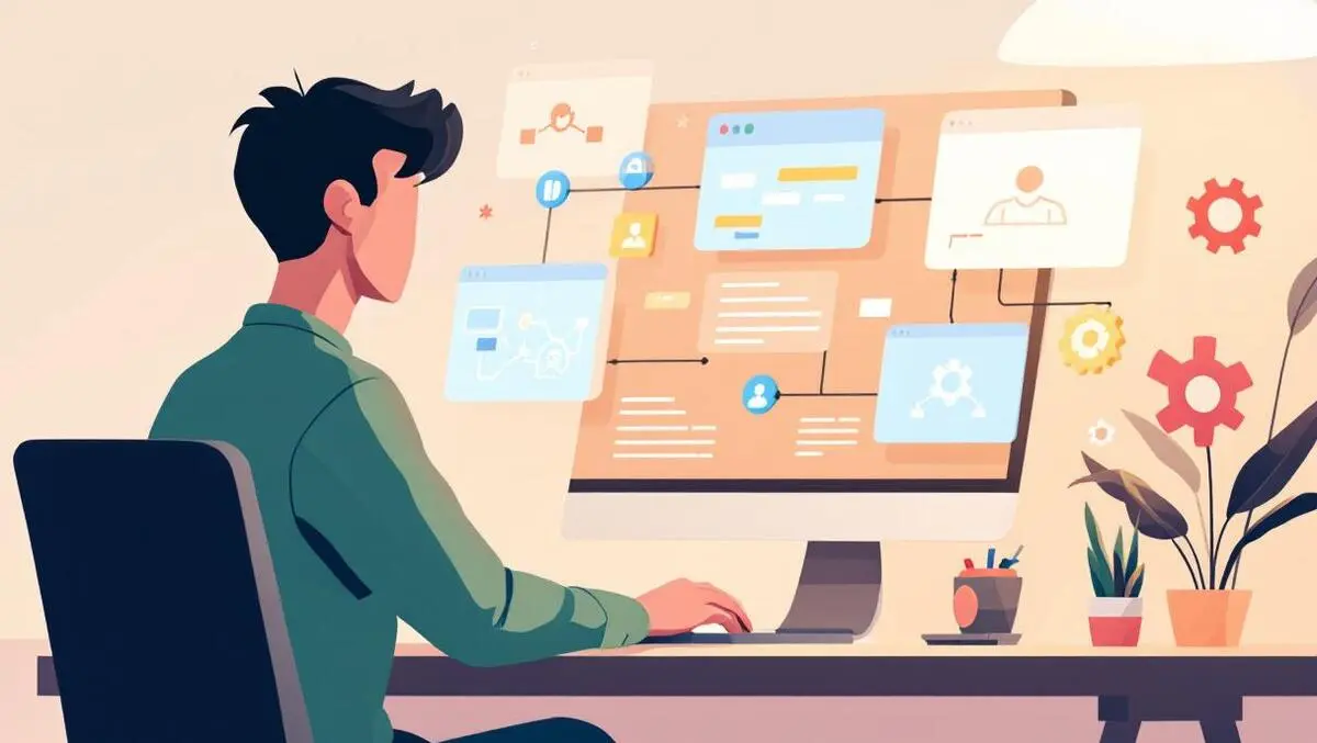 Ai agents automating dev tasks modern flat vector developer desk