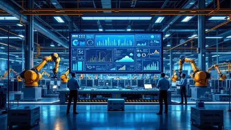 Modern ai powered factory with robots dashboards and data clouds