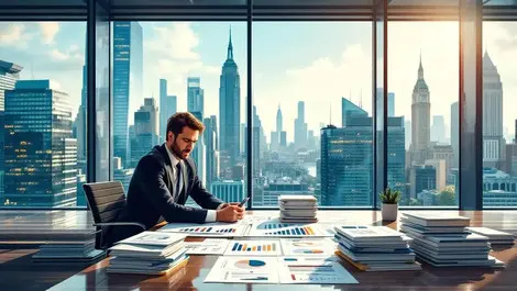 Cfo reviewing layered financial charts in glass office ny london