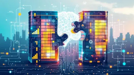 Corporate office buildings merging puzzle gears ai brain illustration