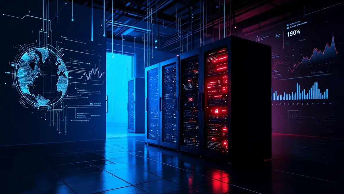 Dark server room red glowing rack critical data leak cinematic