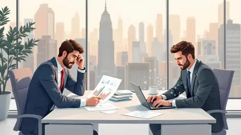 Worried consultant charts confident ai laptop modern office view