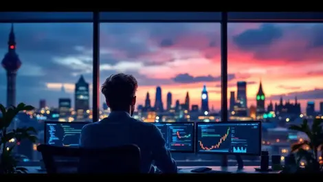 London dusk office coder with financial charts high earning vibes