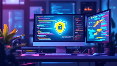 Secure dev workstation multi monitors code warnings shield icon