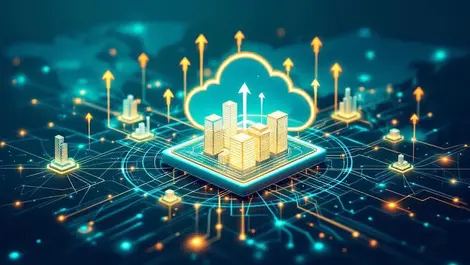 Glowing global cloud network enterprise growth blue green