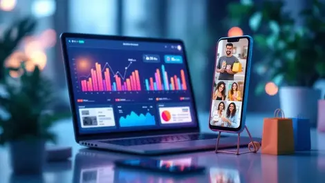 Laptop analytics dashboard with short video shopping feed illustration