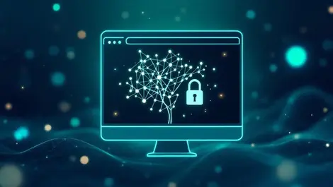 Glowing merkle tree in browser with secure lock and quantum waves