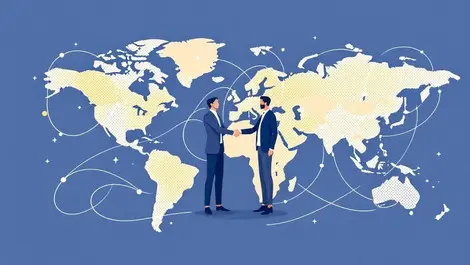Global business partners shaking hands across world map illustration