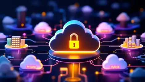 Glowing locked cloud icon with multicolor public private hybrid