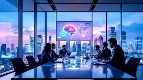 Modern conference room ai collaboration global city skyline meeting