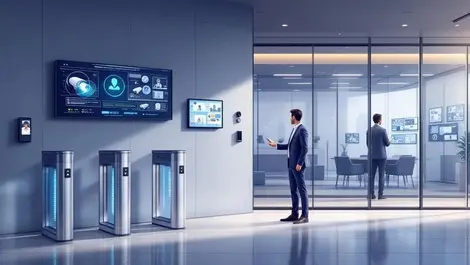 Modern corporate lobby facial auth security turnstiles monitoring