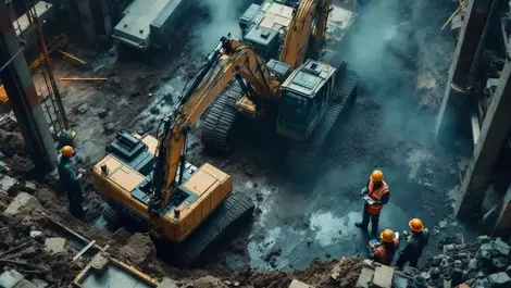 Japanese construction site excavator near miss safety tablets observers